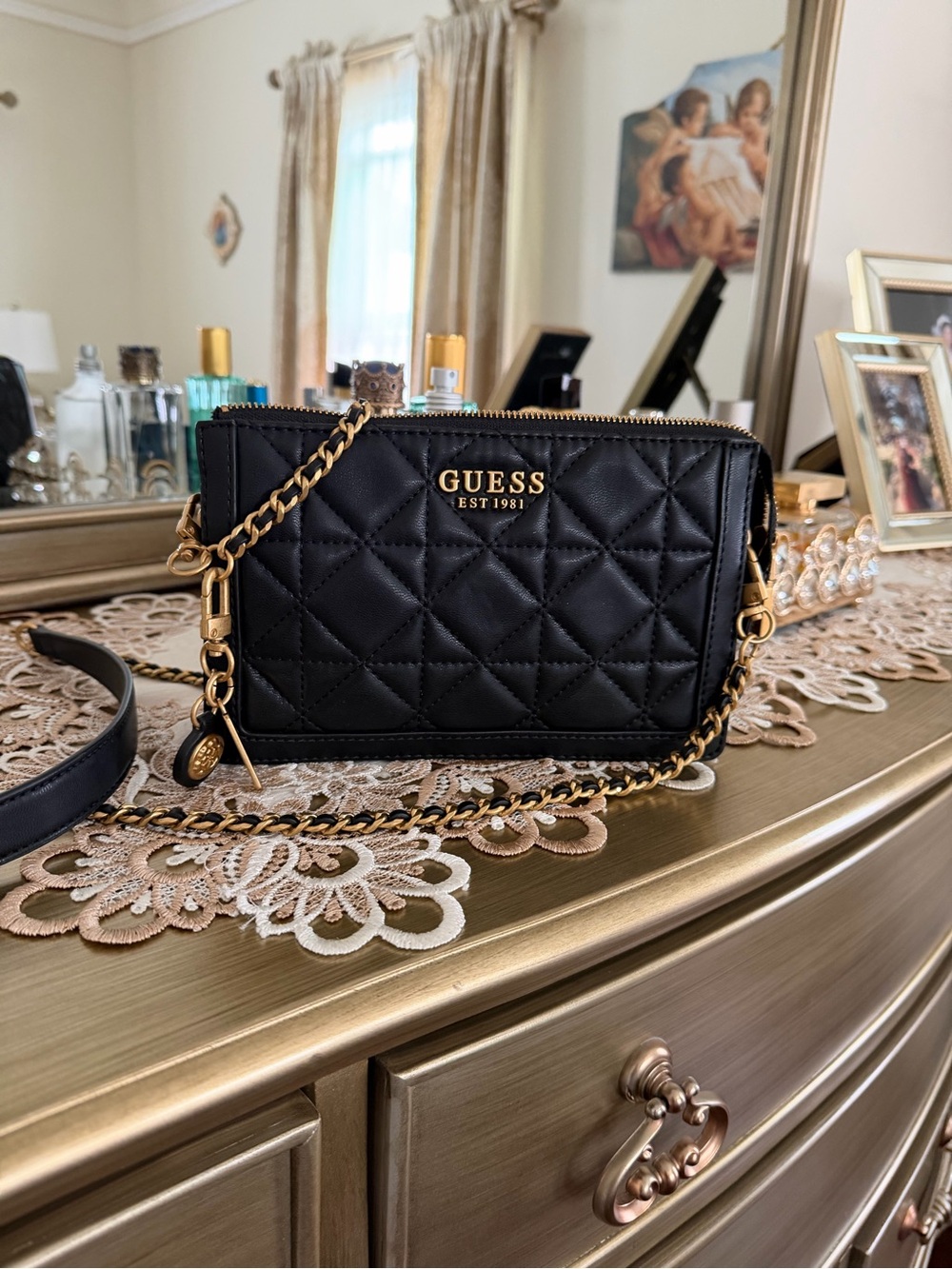 GUESS Black Quilted Crossbody with Gold Chain Strap